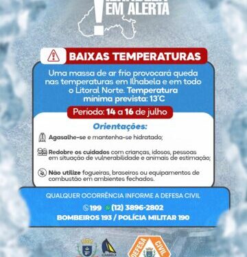 Prefeitura de Ilhabela orienta população sobre previsão de baixas temperaturas e reforça medidas de prevenção